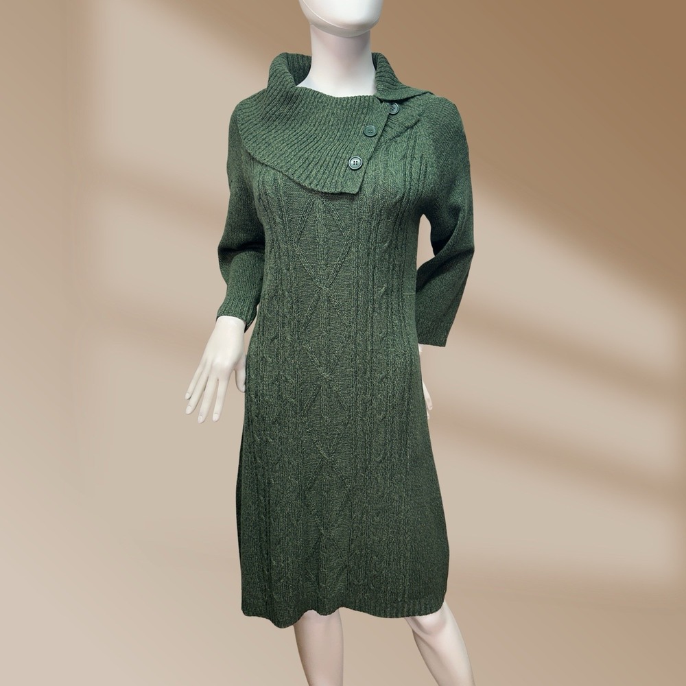 Allison Brittney Ladies Sz M Green Knee Length Sweater Dress Cowl Button Neck